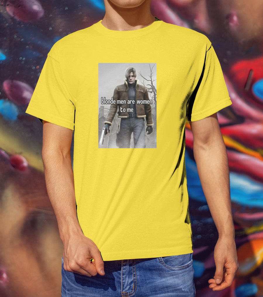 Blonde Men Are Women To Me Resident Video Game Character Brown Jacket Gun T-Shirt