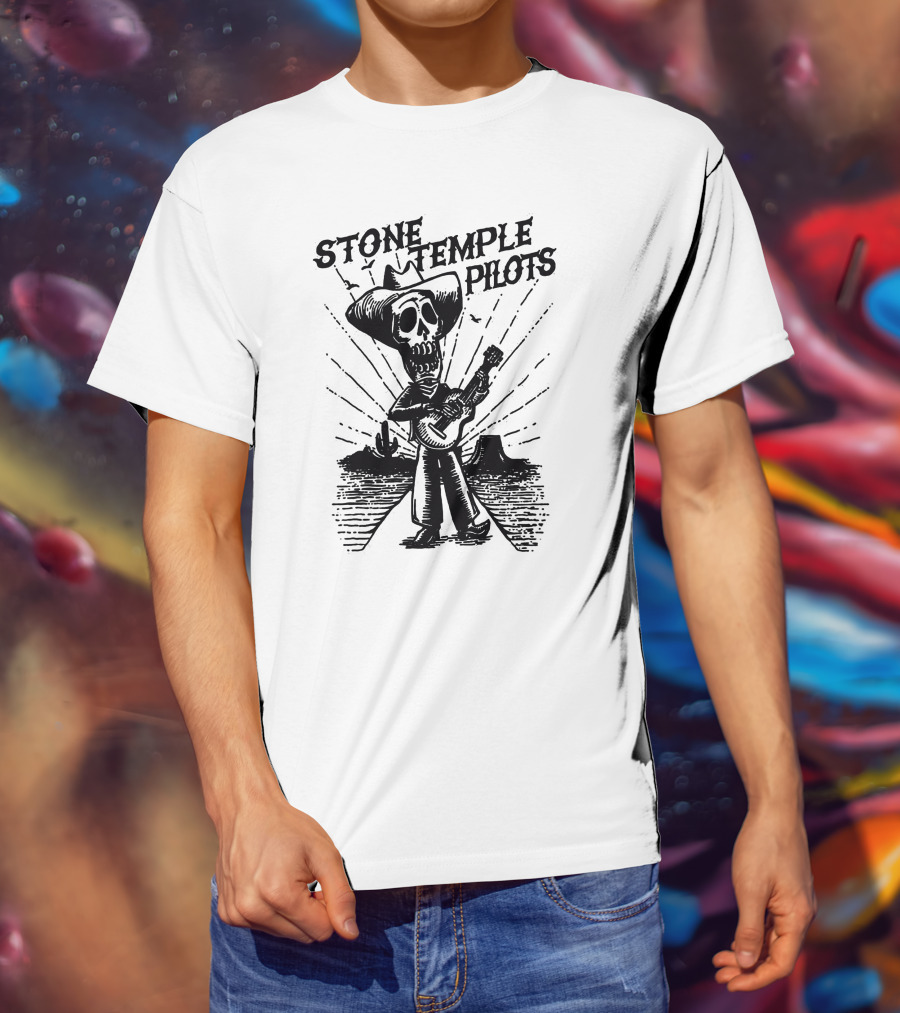 STONE TEMPLE PILOTS Skeleton Cowboy Playing Guitar Desert Scene T-Shirt