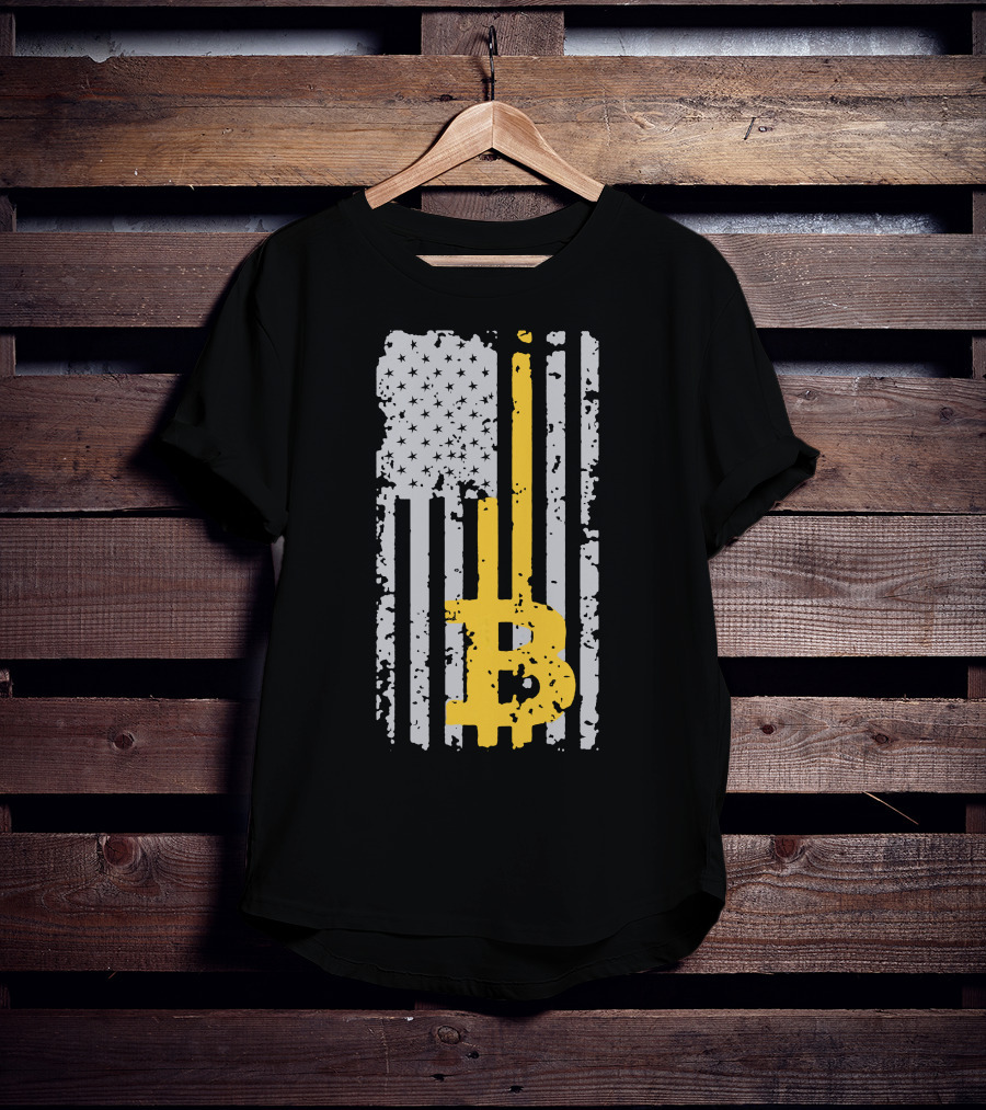 Bitcoin Logo On Distressed American Flag Background T-Shirt
