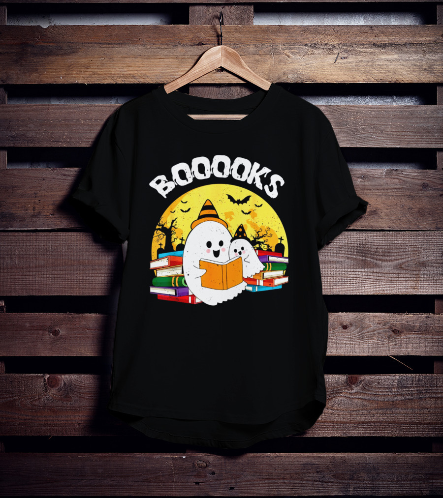 Booooks Ghost Reading Books Halloween Theme With Stacked Books And Bats T-Shirt