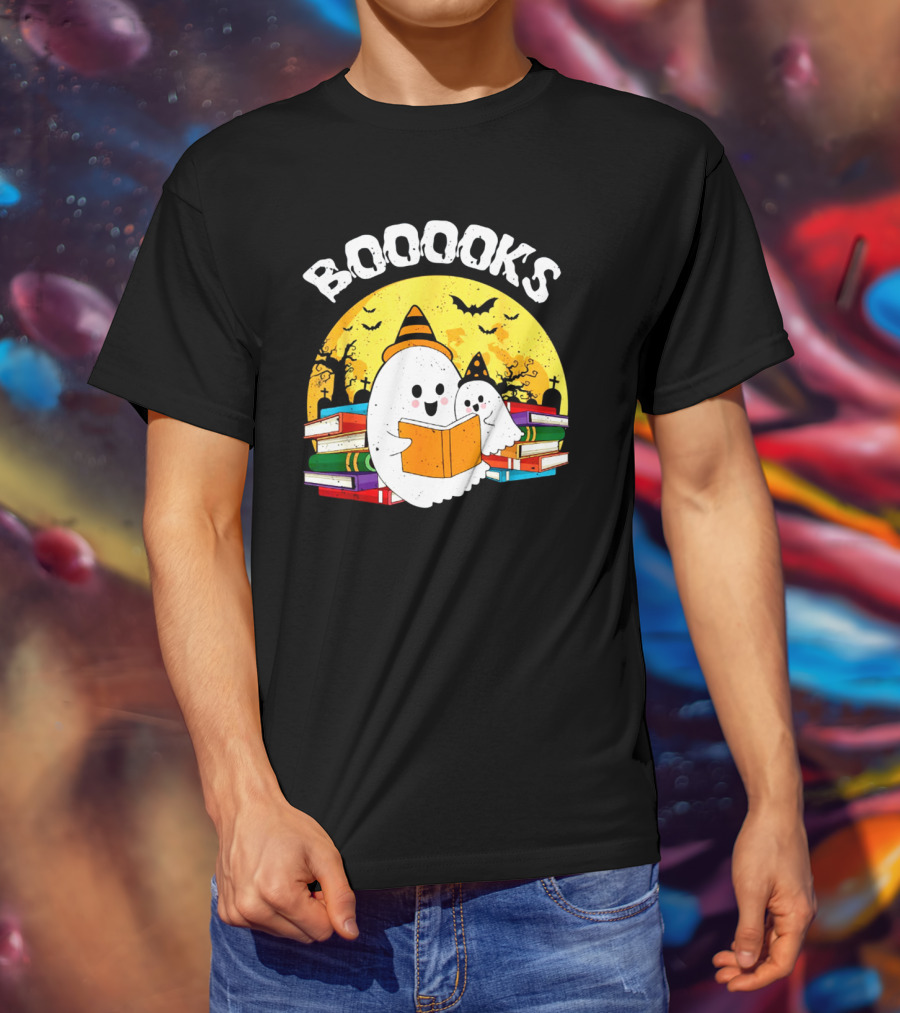 Booooks Ghost Reading Books Halloween Theme With Stacked Books And Bats T-Shirt