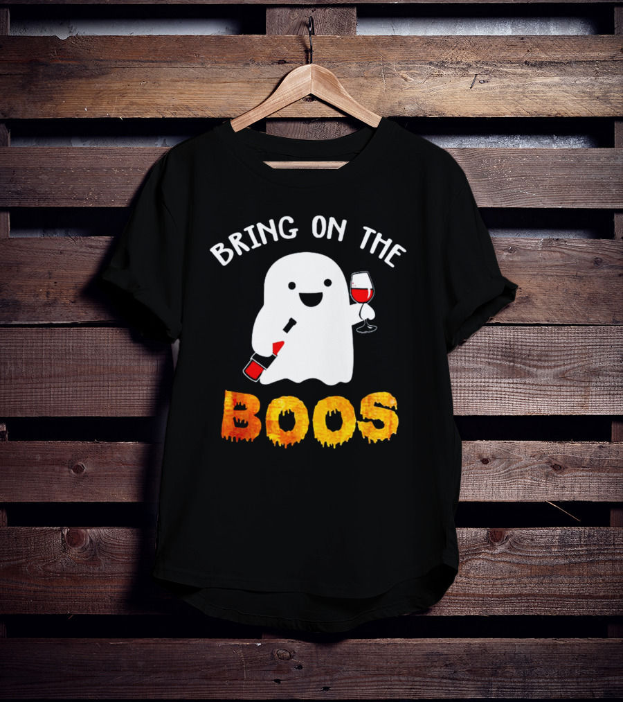 Bring On The Boos Funny Wine Ghost Holding Bottle And Glass Of Red Wine T-Shirt