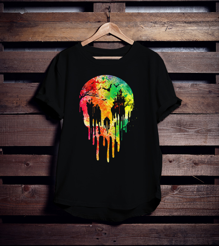 Melting Skull Colorful Night With Haunted Trees And Bats T-Shirt