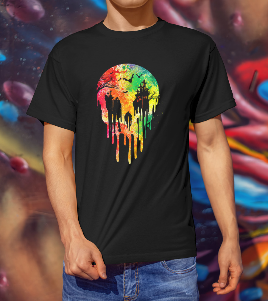 Melting Skull Colorful Night With Haunted Trees And Bats T-Shirt