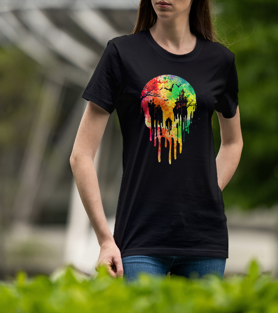 Melting Skull Colorful Night With Haunted Trees And Bats T-Shirt