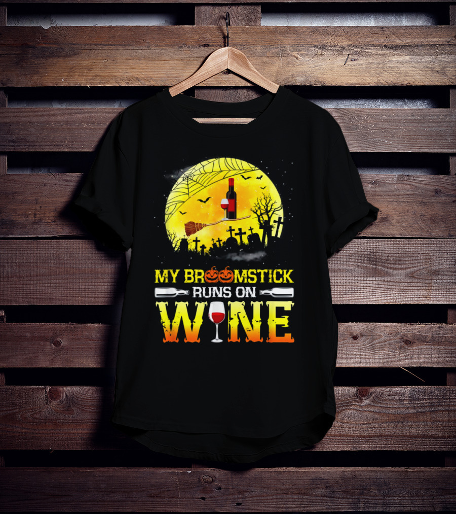 My Broomstick Runs On Wine Halloween Moon Pumpkins Graveyard Scene T-Shirt