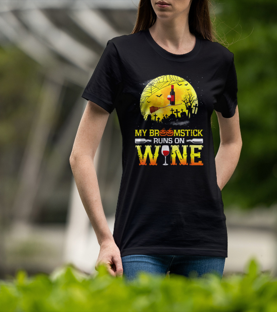My Broomstick Runs On Wine Halloween Moon Pumpkins Graveyard Scene T-Shirt