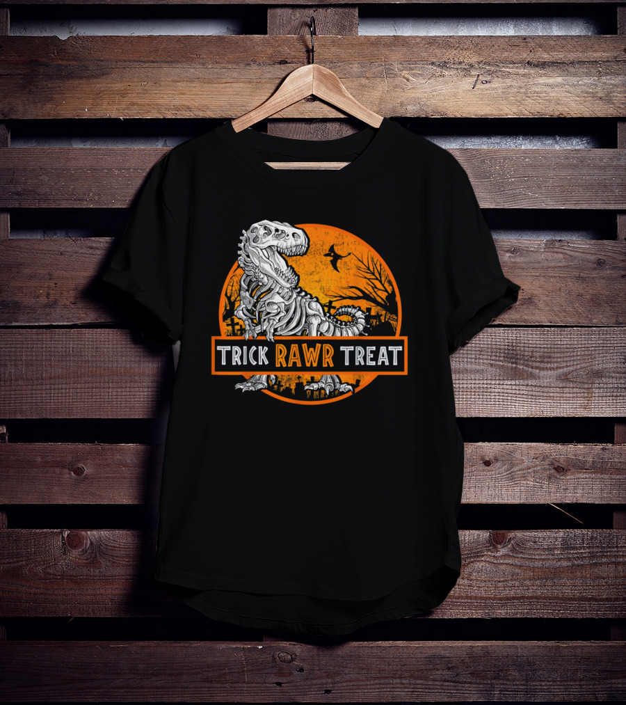 Trick Rawr Treat Halloween Skeleton T-Rex With Spooky Orange Background T-Shirt