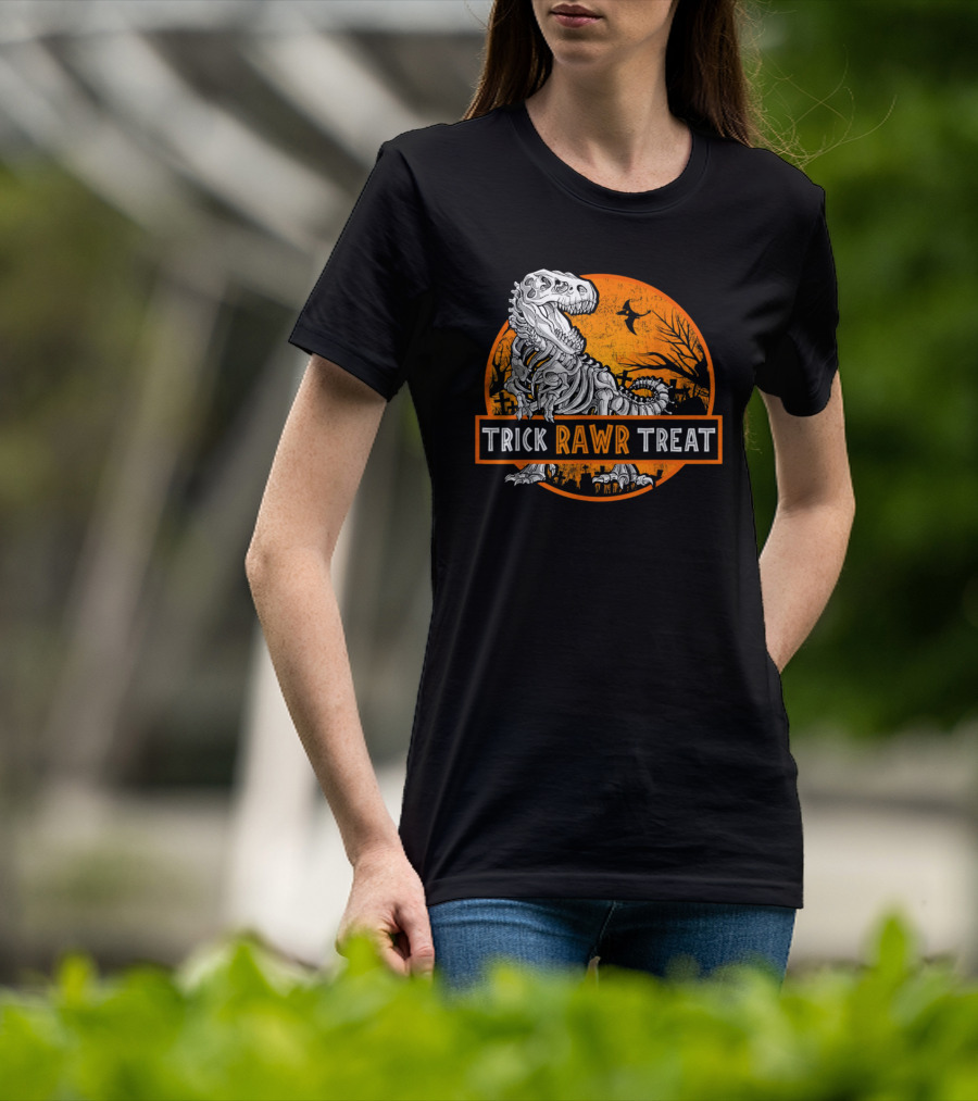 Trick Rawr Treat Halloween Skeleton T-Rex With Spooky Orange Background T-Shirt