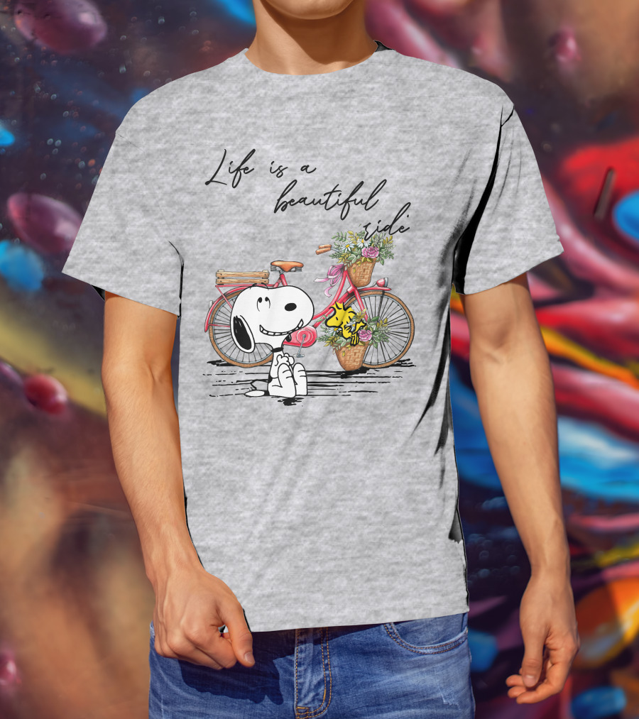 Life Is A Beautiful Ride With Snoopy And Woodstock On Floral Bicycle T-Shirt