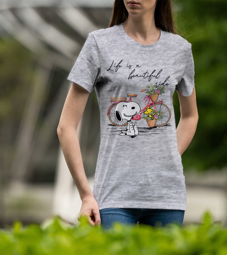 Life Is A Beautiful Ride With Snoopy And Woodstock On Floral Bicycle T-Shirt