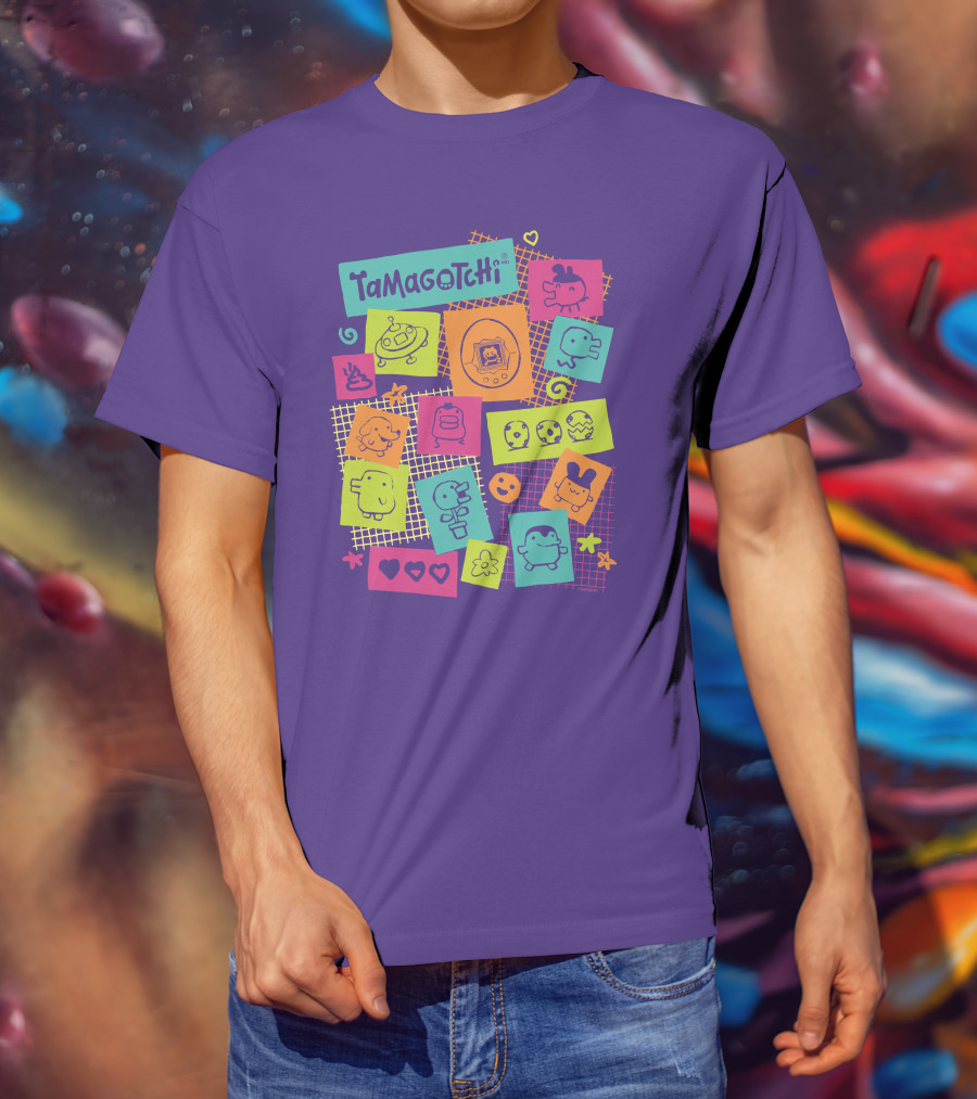 Tamagotchi Neon Character Collage With Hearts And Stars T-Shirt