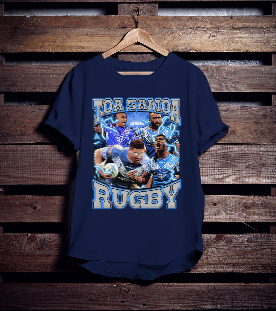 Toa Samoa Rugby Blue Jersey Action Lightning Background T-Shirt