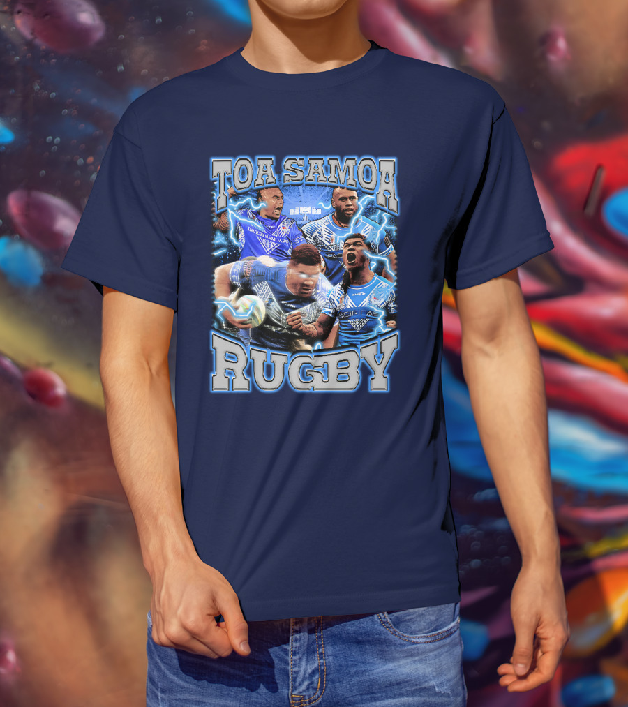 Toa Samoa Rugby Blue Jersey Action Lightning Background T-Shirt