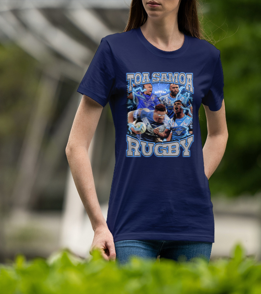 Toa Samoa Rugby Blue Jersey Action Lightning Background T-Shirt