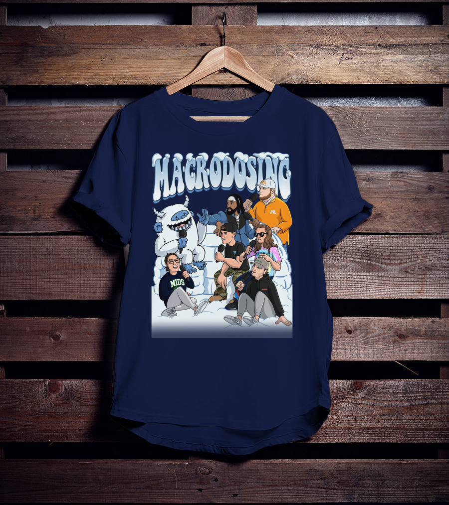 Macrodosing Yeti Podcast Group In Ice Fortress Scene With Microphones And Laughter T-Shirt