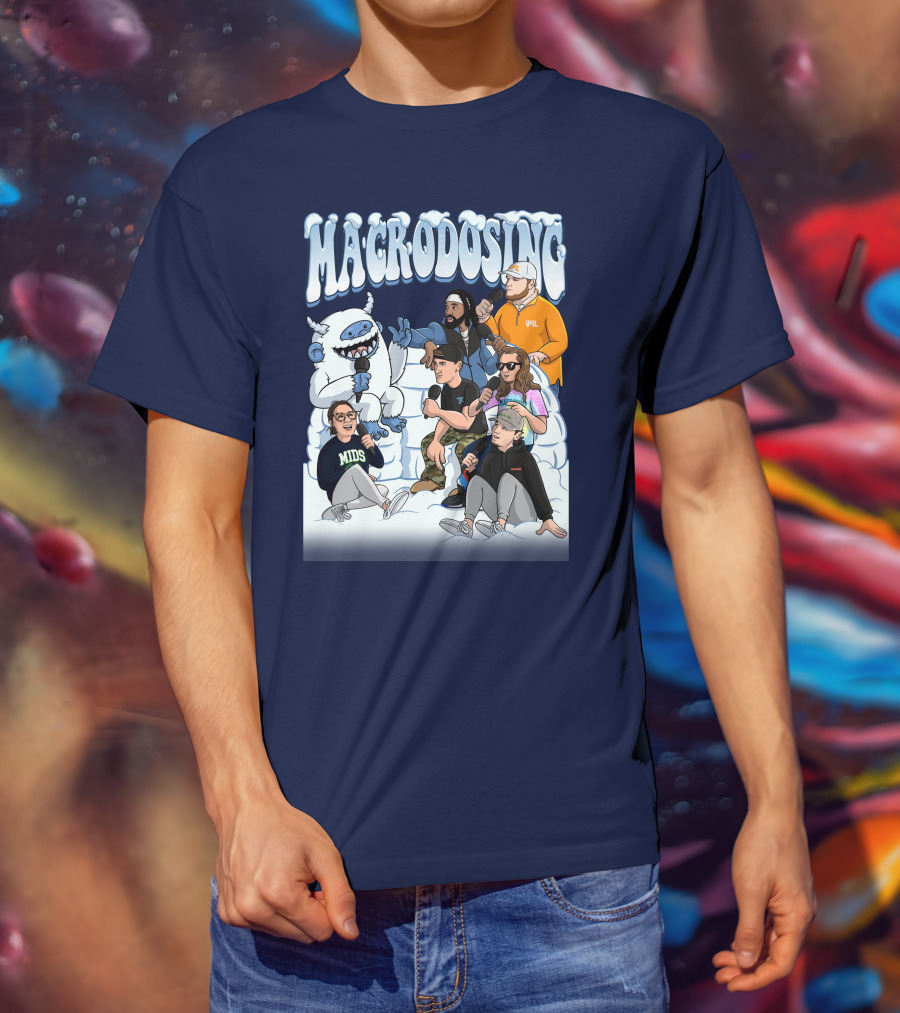 Macrodosing Yeti Podcast Group In Ice Fortress Scene With Microphones And Laughter T-Shirt