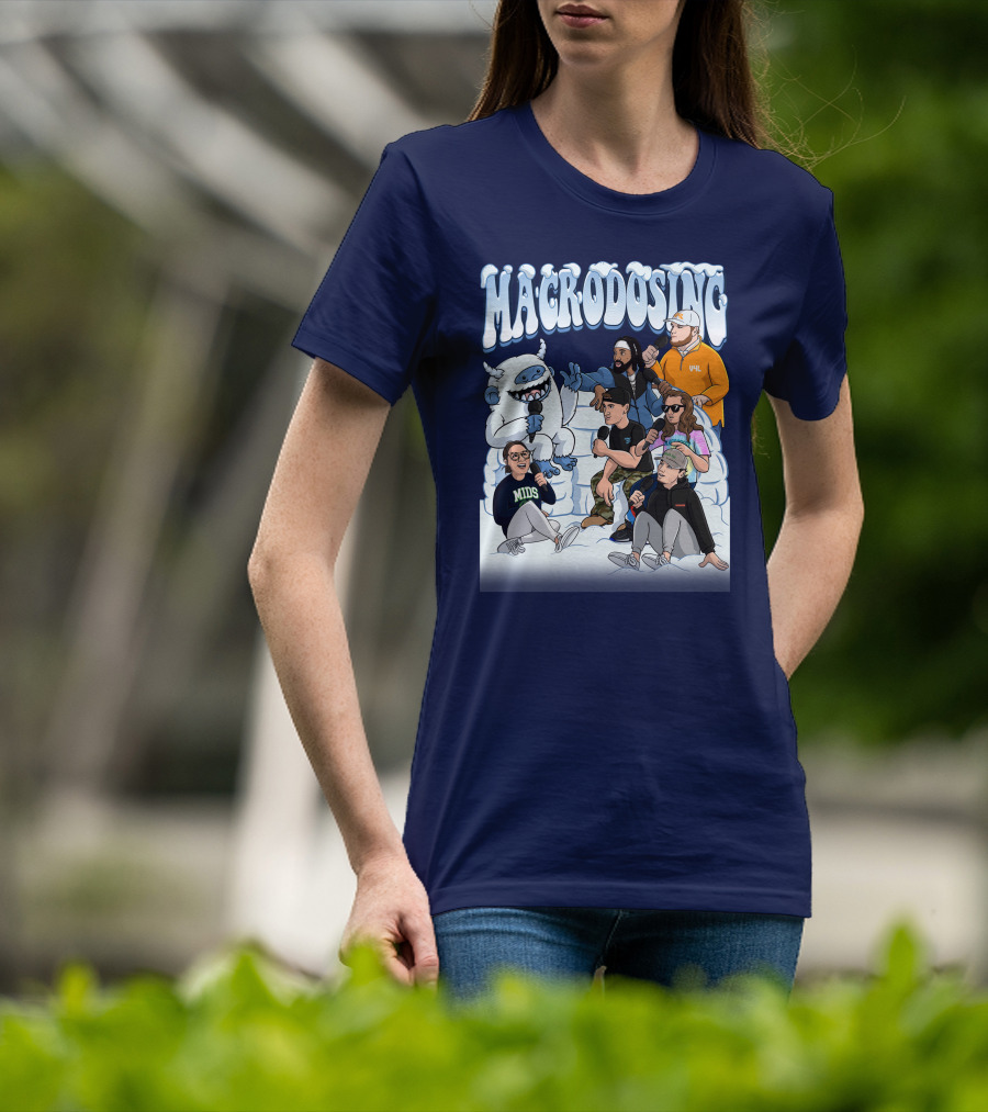 Macrodosing Yeti Podcast Group In Ice Fortress Scene With Microphones And Laughter T-Shirt