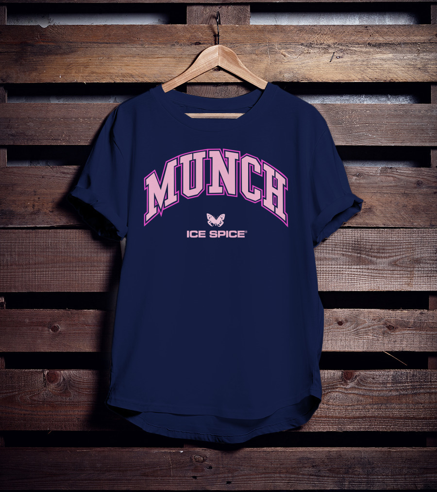Munch Butterfly Ice Spice Pink Lettering Dark Blue Background T-Shirt