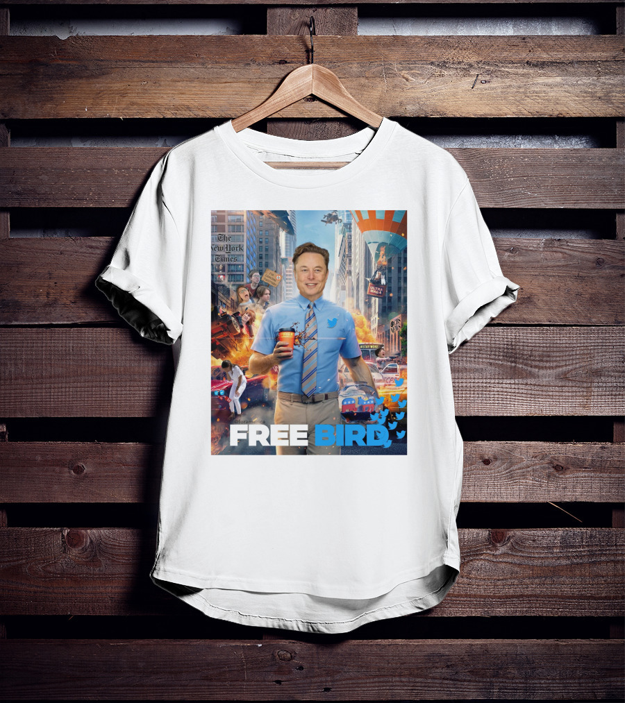 Elon Musk Free Bird I'm Leaving Twitter Chaos Explosion Cityscape Car Plane Twitter T-Shirt
