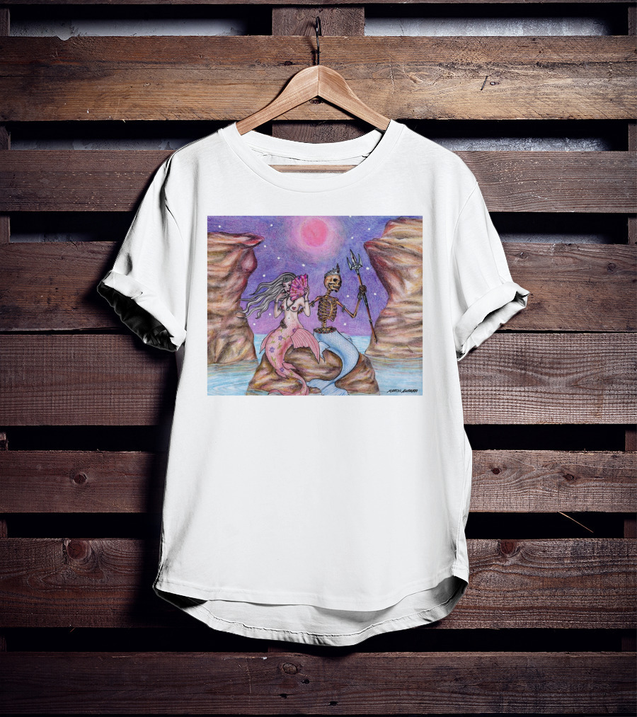 Marcos Alvarado Sea Of Love Mermaid And Skeleton Under Pink Moon T-Shirt