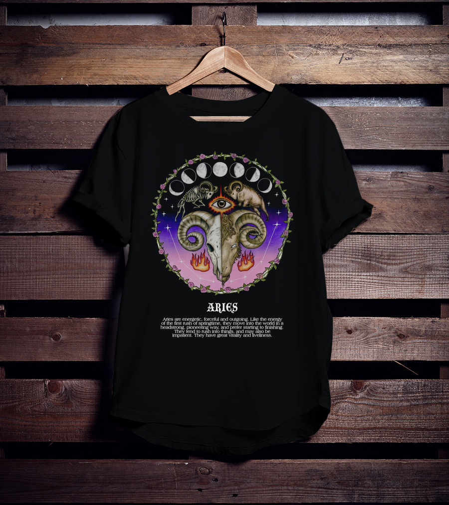 Aries Energetic Forceful Outgoing Headstrong Powerful Vitality Roses Moon Phases Ram Flame Eye T-Shirt