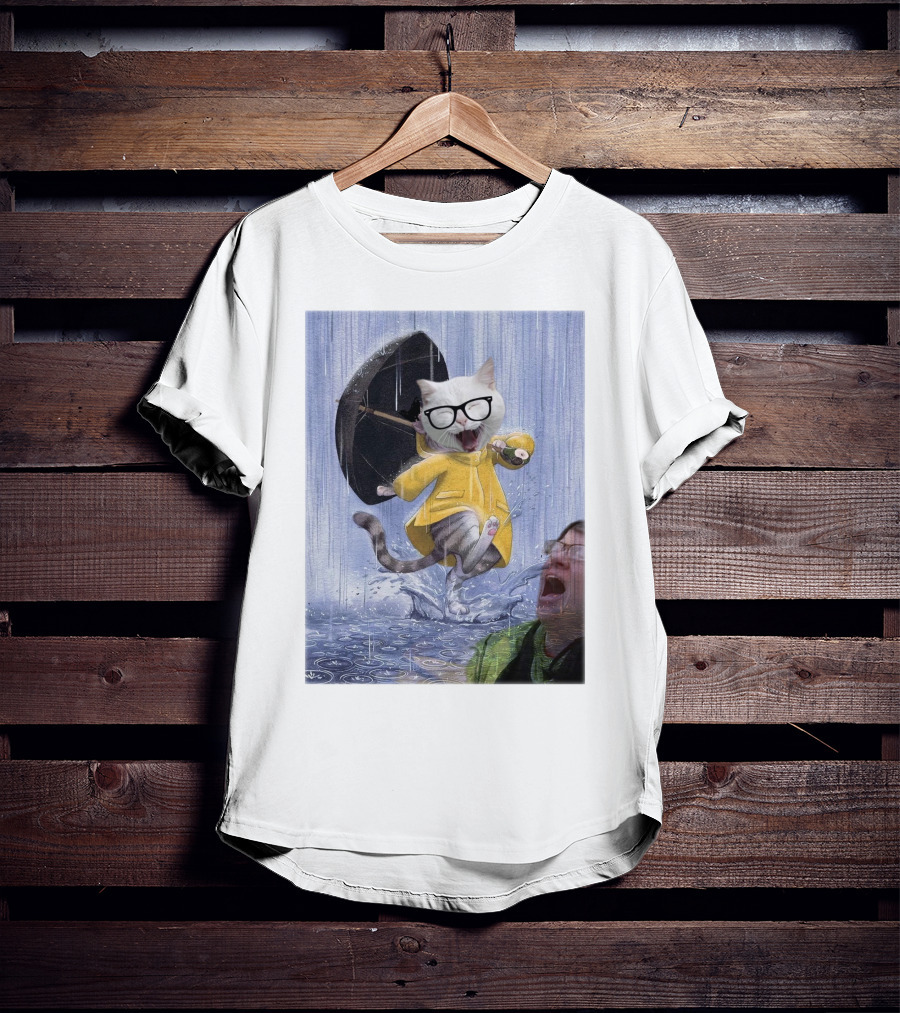 Catturd In Yellow Raincoat With Glasses Holding Umbrella In The Rain T-Shirt