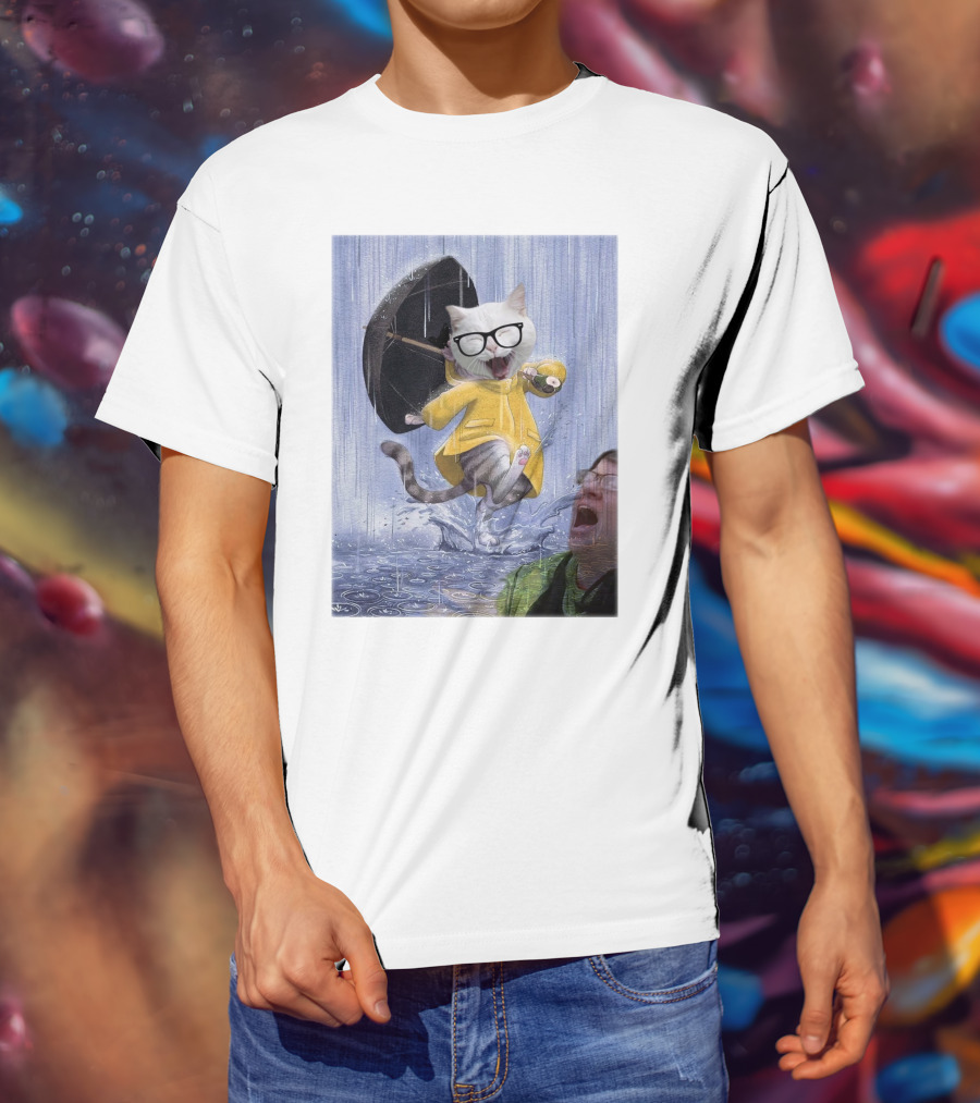 Catturd In Yellow Raincoat With Glasses Holding Umbrella In The Rain T-Shirt