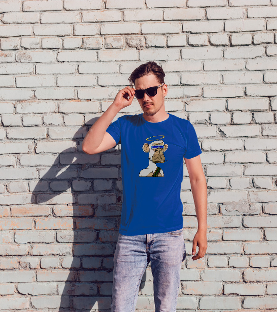 Ginotheghost Bored Ape Yacht Club Angel Halo NFT Ape Blue Background T-Shirt