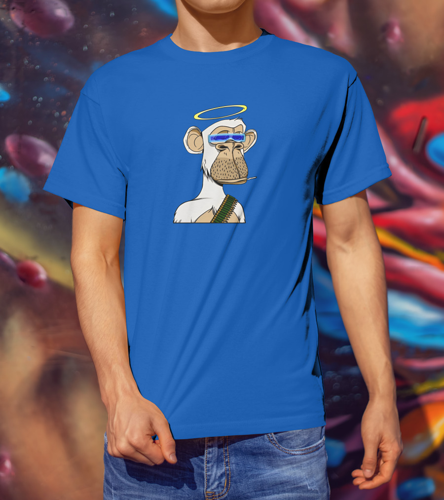 Ginotheghost Bored Ape Yacht Club Angel Halo NFT Ape Blue Background T-Shirt
