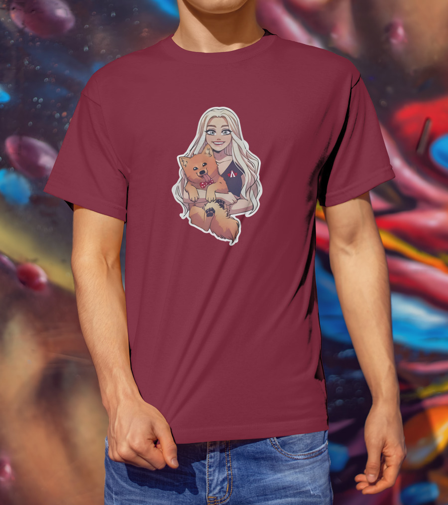 Autumnrhodess Cartoon Character Holding Dog With Red Bowtie On Burgundy Background T-Shirt