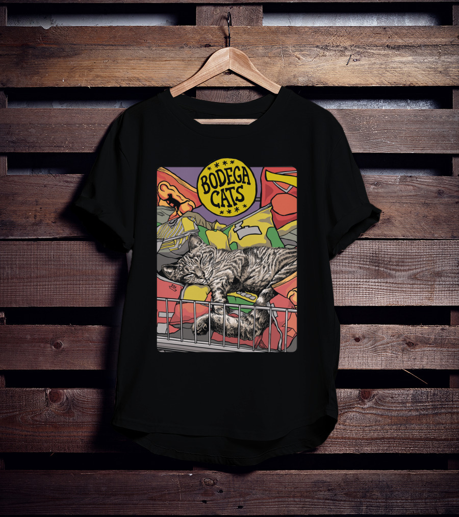 Bodega Cats Sleeping Among Snacks And Bags In Bright Colors T-Shirt