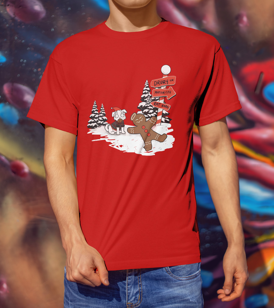 Badboyhalo Holiday Drury Lane Muffin City Rat Road Christmas Dog And Gingerbread Scene T-Shirt
