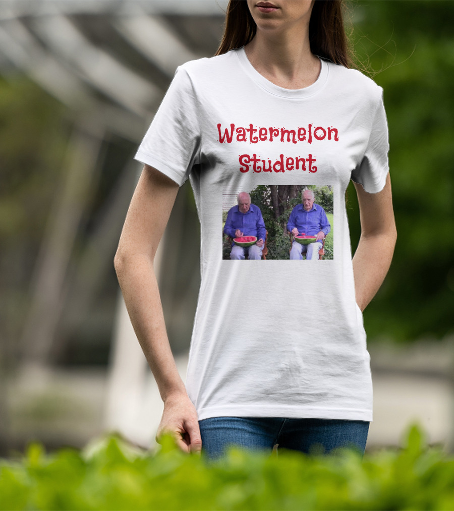Watermelon Student Eating In Garden With Blue T-Shirt