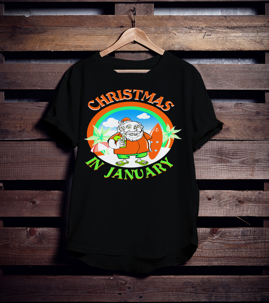 Christmas In January Santa With Surfboard And Drink T-Shirt