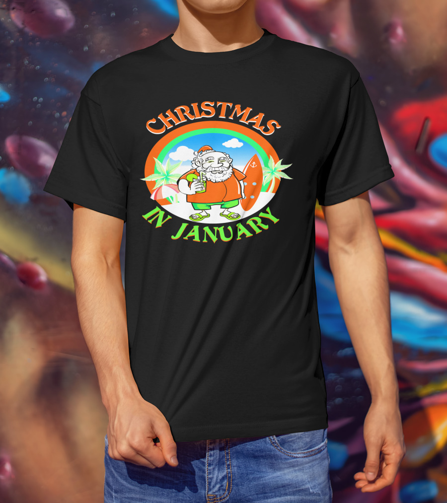 Christmas In January Santa With Surfboard And Drink T-Shirt