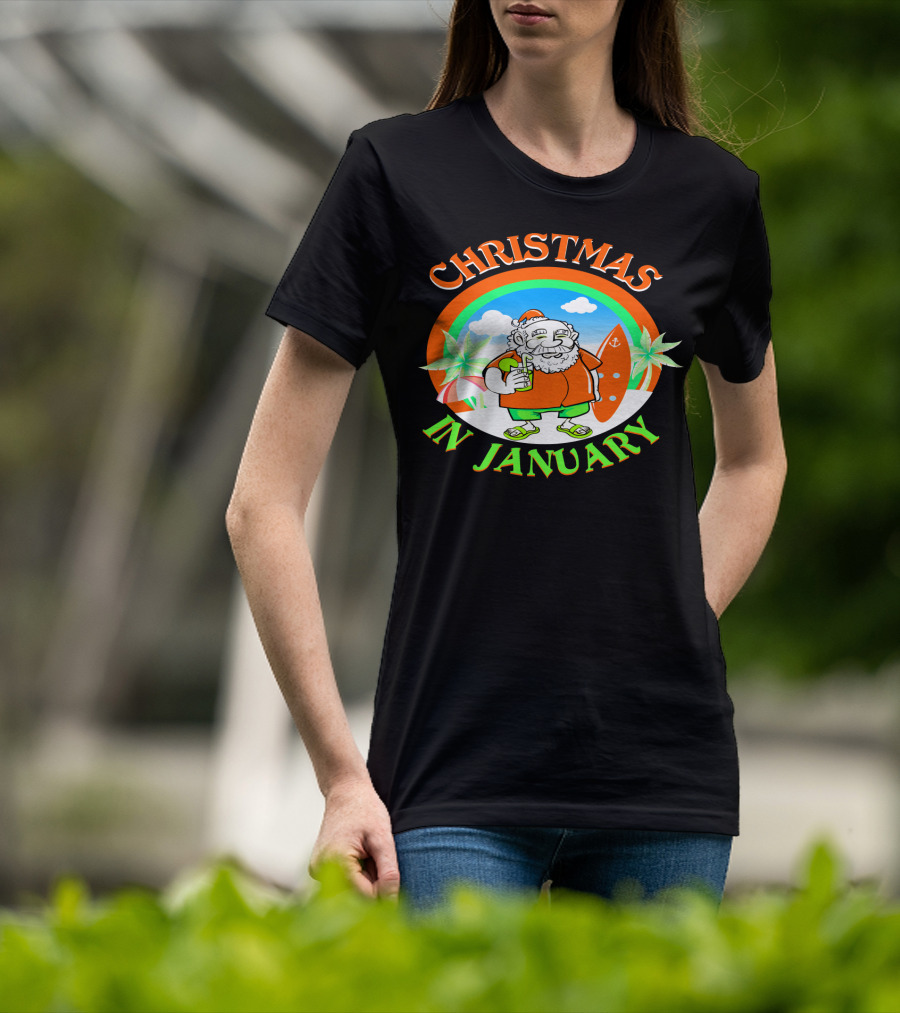 Christmas In January Santa With Surfboard And Drink T-Shirt