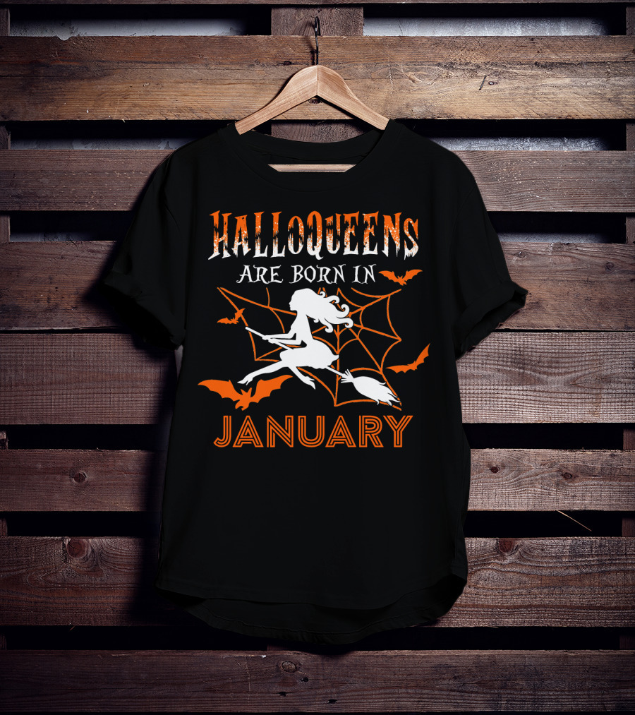 Halloqueens Are Born In January Witch And Bats Halloween Birthday T-Shirt