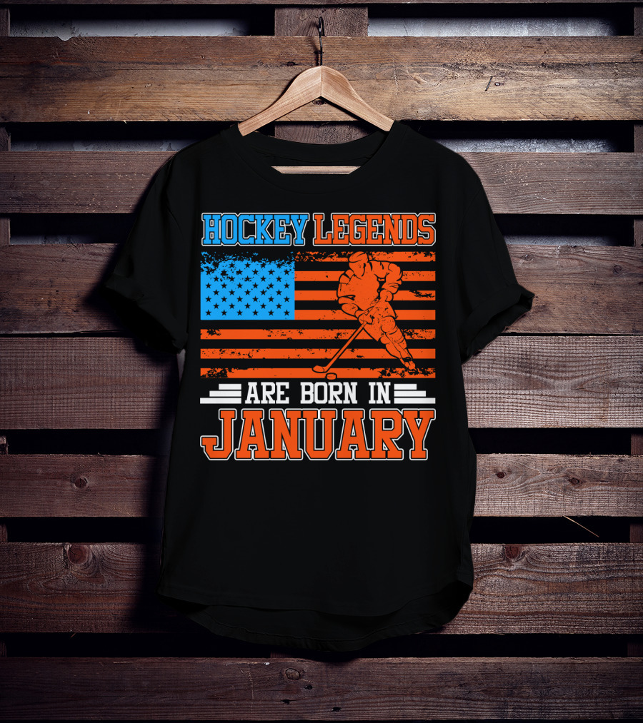 Hockey Legends Are Born In January With American Flag And Skater T-Shirt