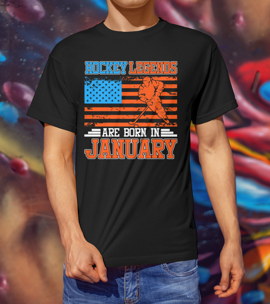 Hockey Legends Are Born In January With American Flag And Skater T-Shirt