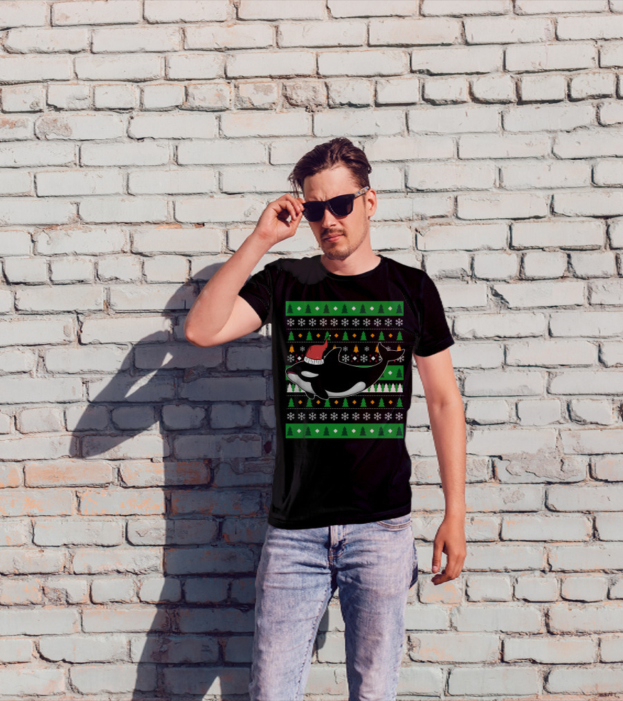 Orca Zookeeper Ugly Christmas Killer Whale Santa Hat Snowflakes Trees T-Shirt