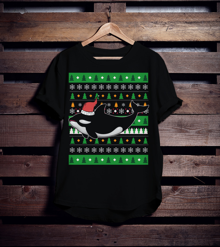 Orca Zookeeper Ugly Christmas Killer Whale Santa Hat Snowflakes Trees T-Shirt