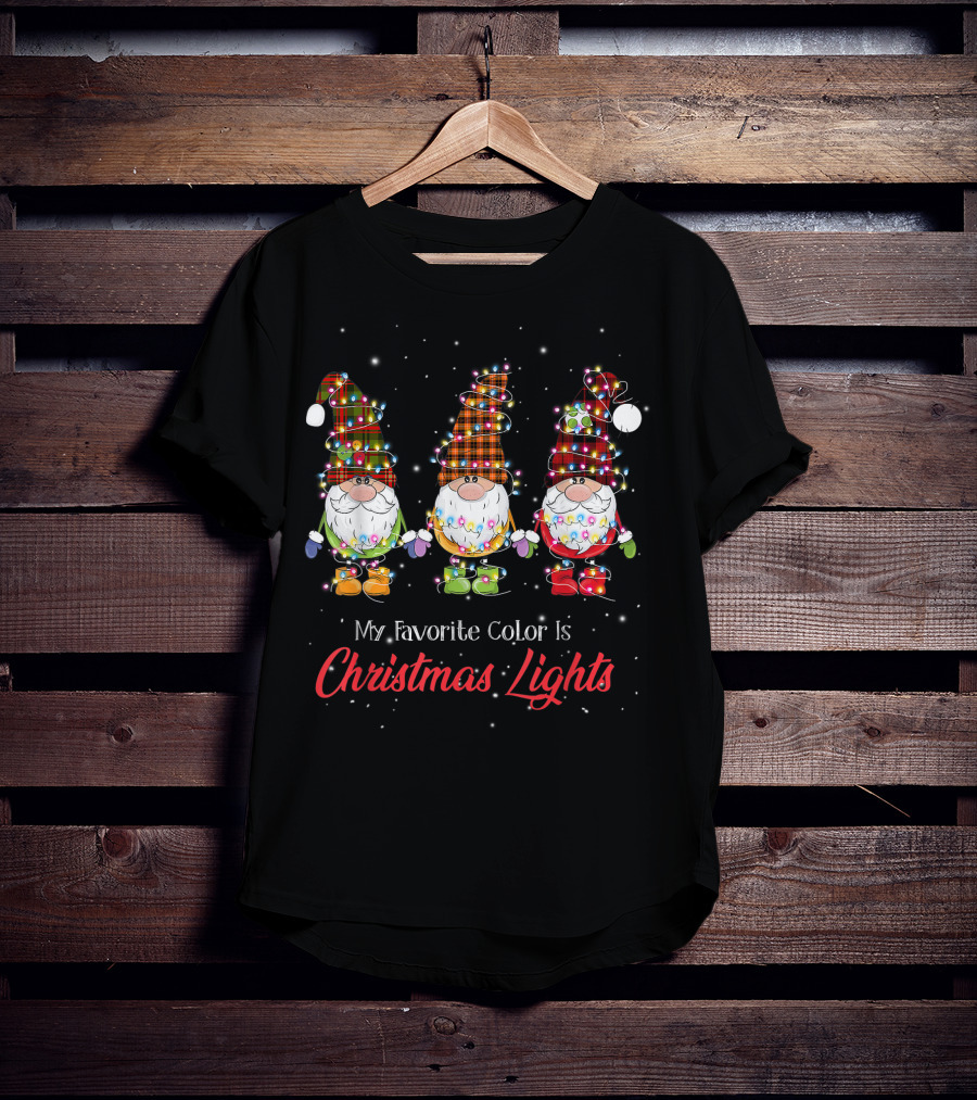 My Favorite Color Is Christmas Lights Gnomies Gnome Buffalo Plaid Trio T-Shirt