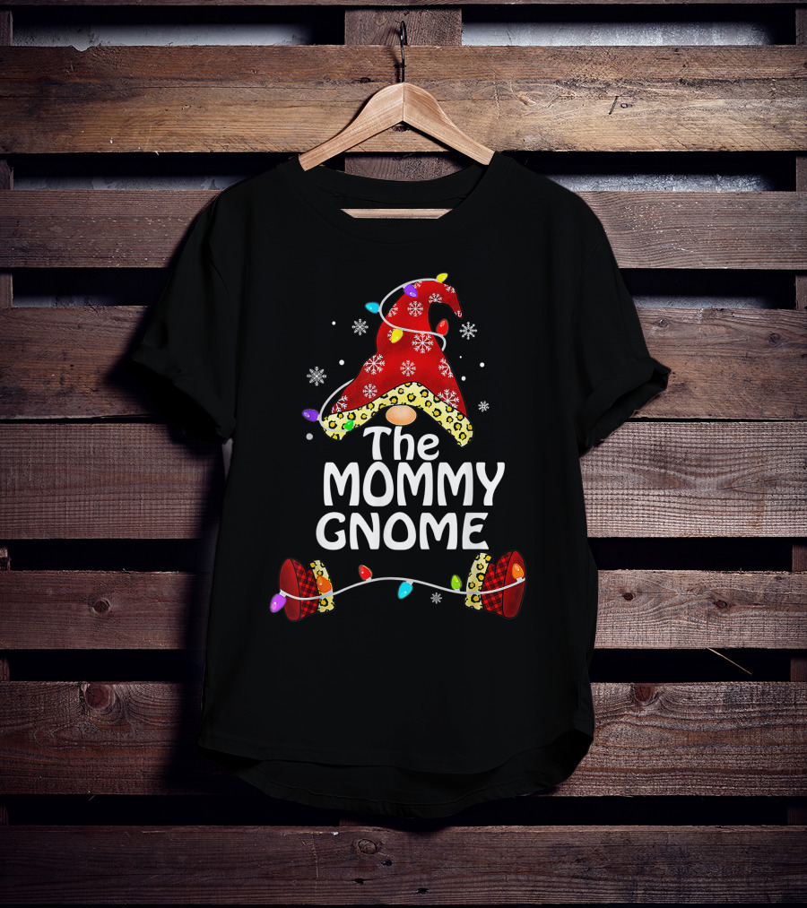The Mommy Gnome Buffalo Plaid Leopard Print Christmas Lights T-Shirt