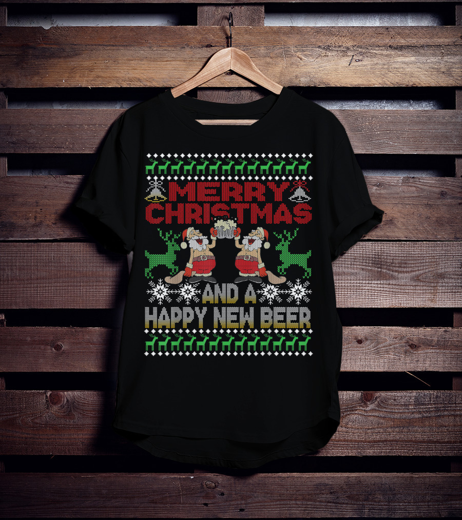 Merry Christmas Happy New Beer Ugly Sweater For Beer Lover With Santa Reindeer T-Shirt