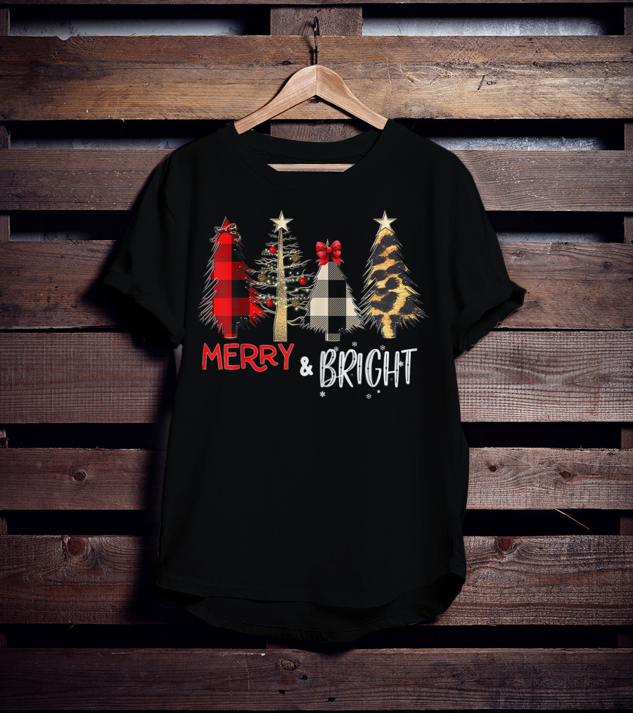 Merry And Bright Christmas Wild Leopard Plaid Trees Xmas T-Shirt