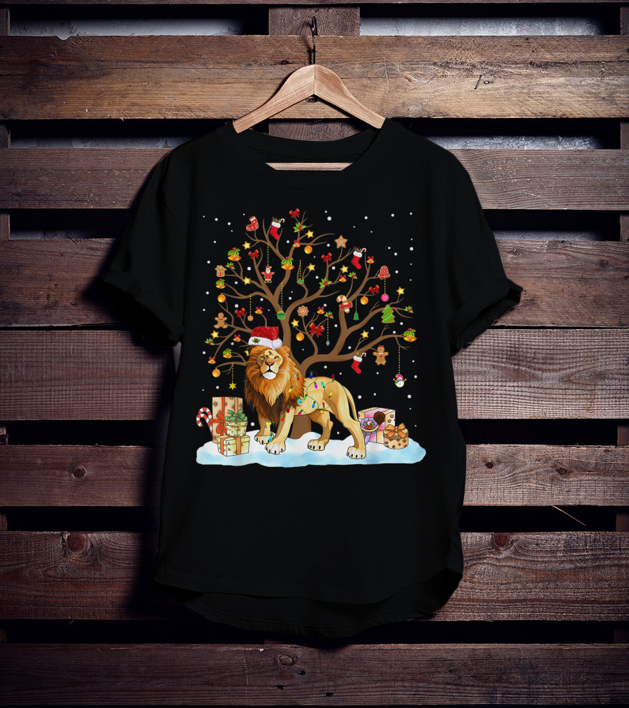 Lion With Christmas Tree Ornaments And Gifts T-Shirt