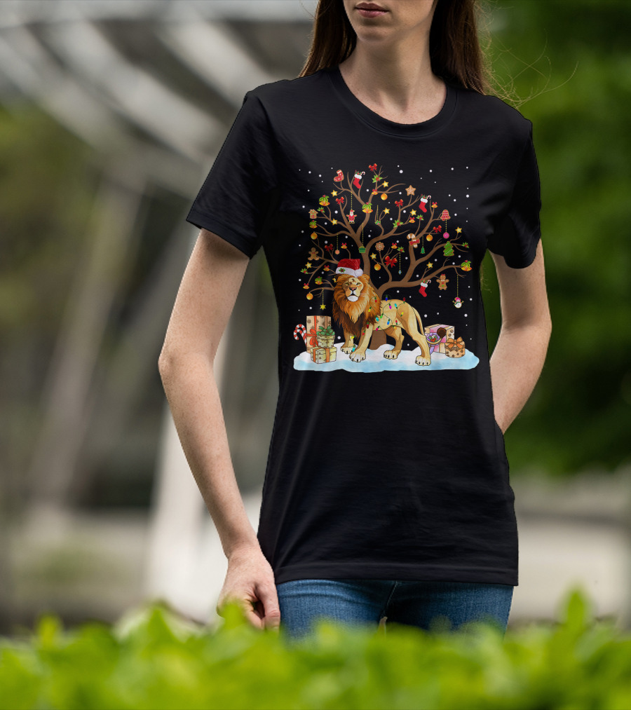 Lion With Christmas Tree Ornaments And Gifts T-Shirt