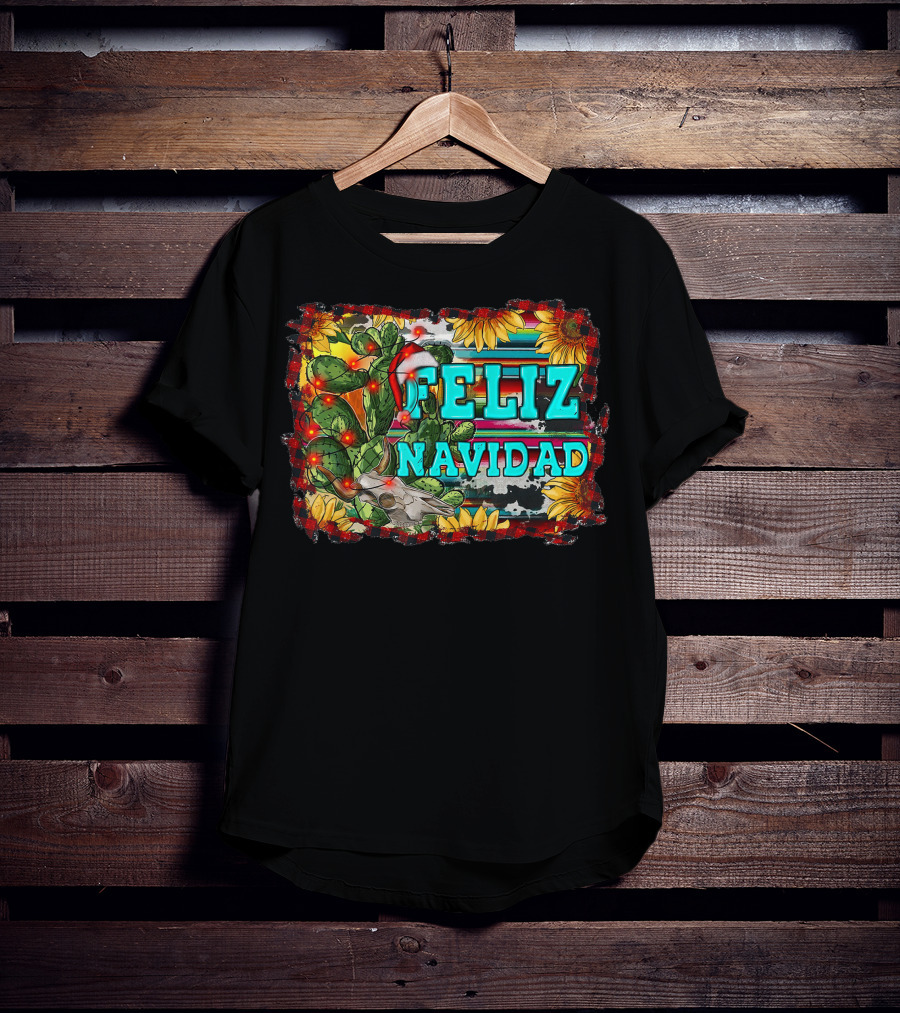 Feliz Navidad Western Country Christmas Texas Cactus Serape Sunflowers T-Shirt