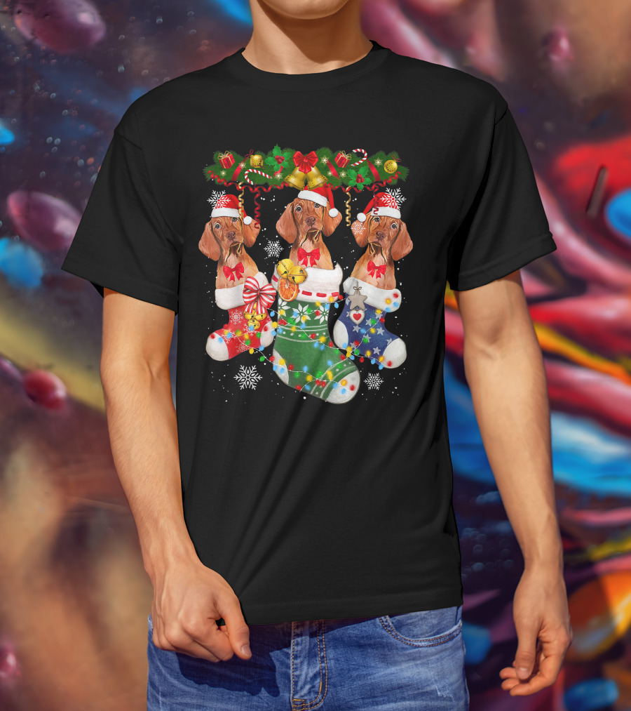 Vizsla Dogs In Christmas Stockings With Santa Hats And Holiday Decorations T-Shirt